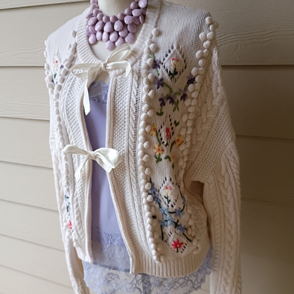 Polo Ralph Lauren Embroidered Floral Chunky Cable Knit Wool Cardigan Sweater - Picture 4 of 16